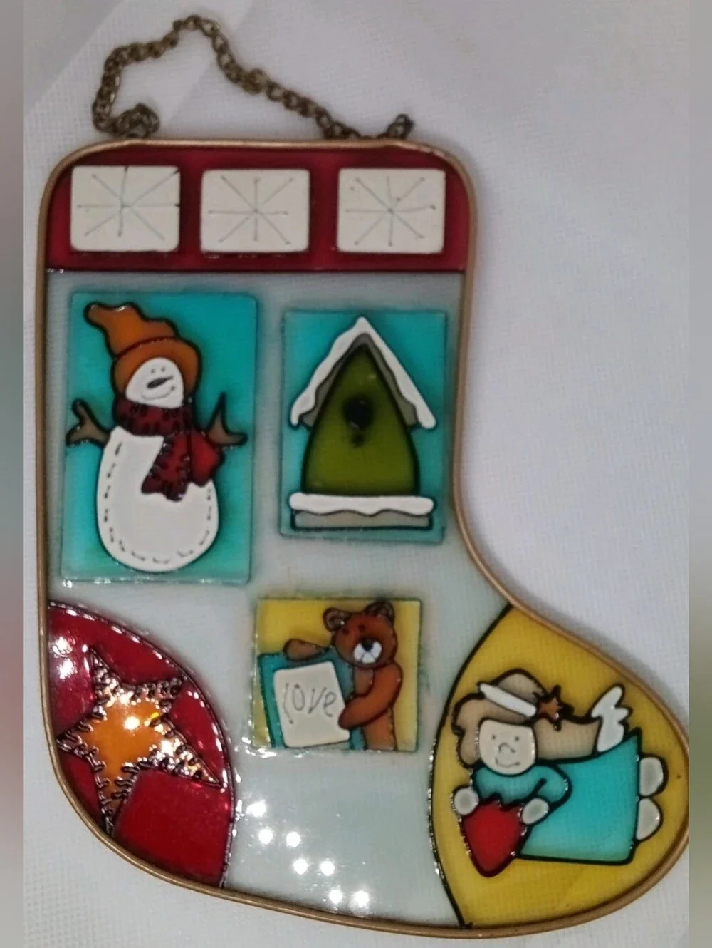 Stained Glass Holiday Stocking Window Sun Catcher Ornament - Vintage